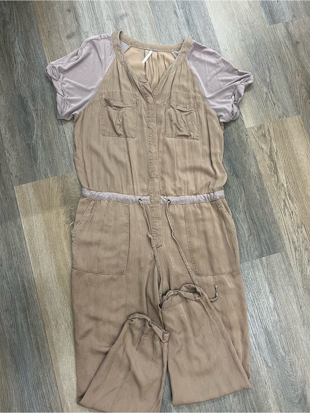 Relaxed Taupe Utility Jumpsuit with Dusty Pink Sleeves